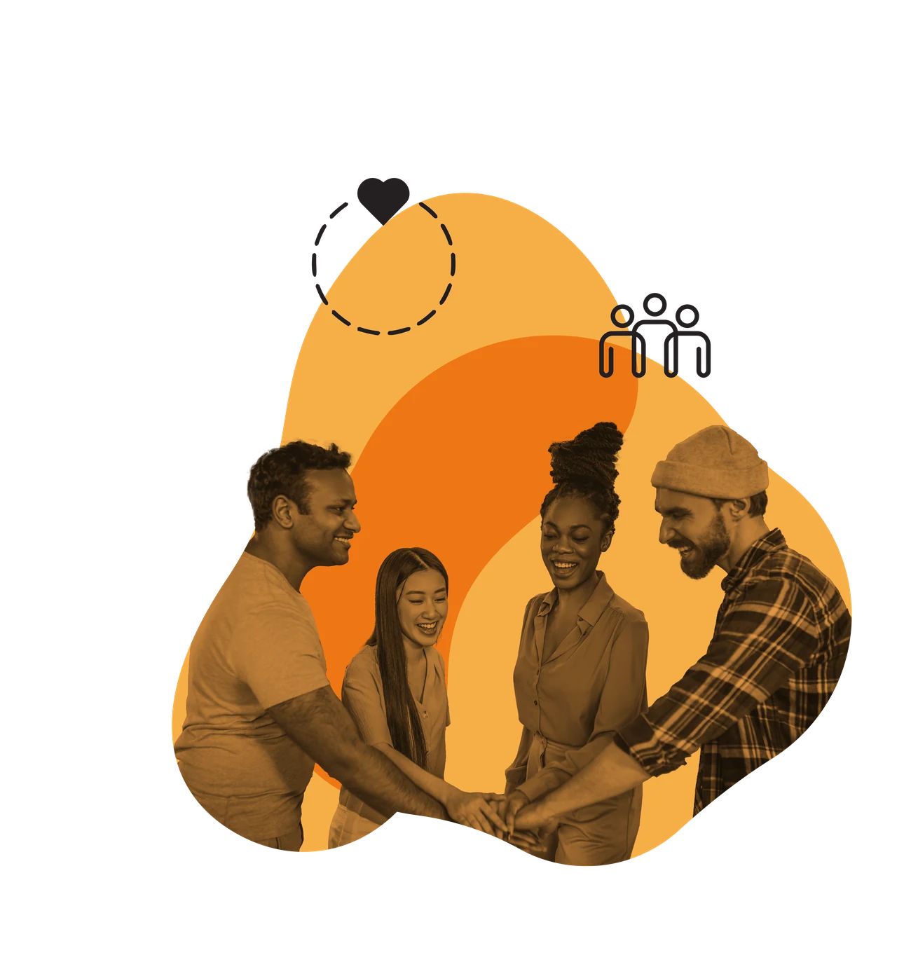 Four adults putting their hands together