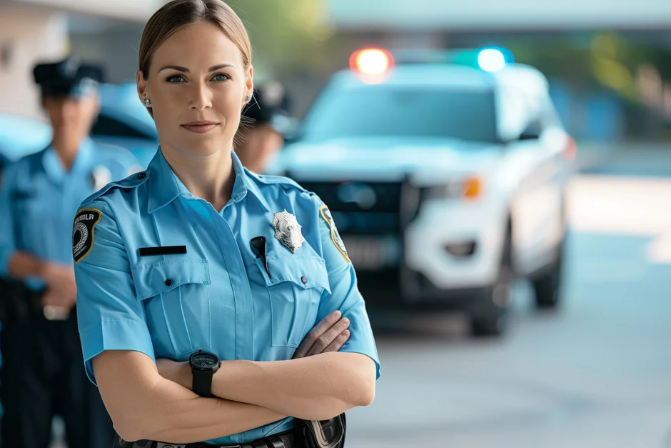A police officer standing beside a patrol car