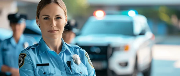 A police officer standing beside a patrol car