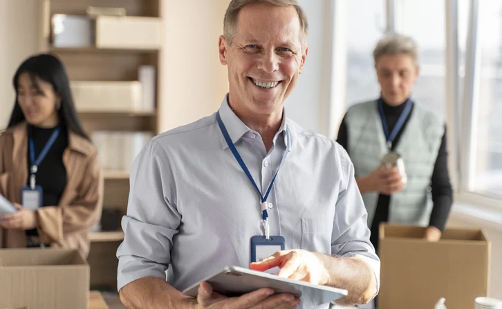 A volunteer wearing a lanyard smiling in a community centre