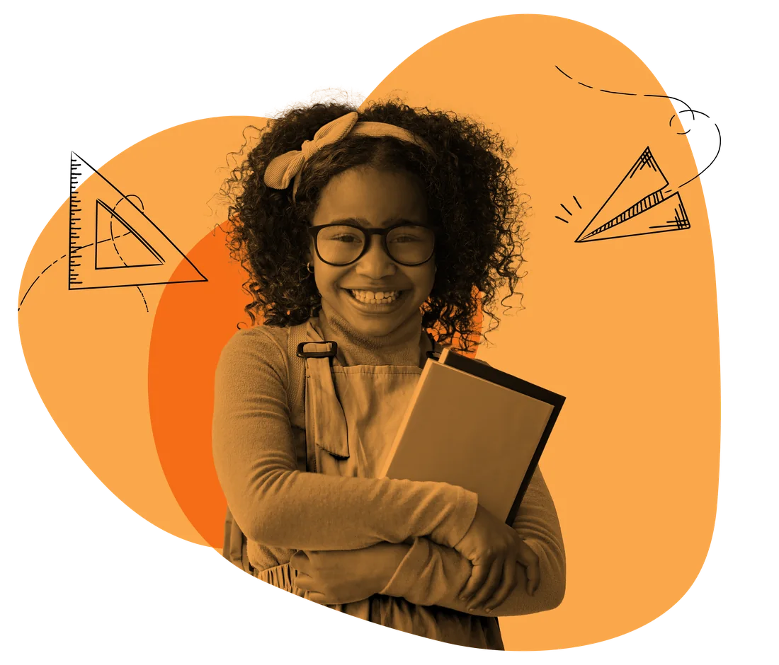 A smiling student in glasses holding her books