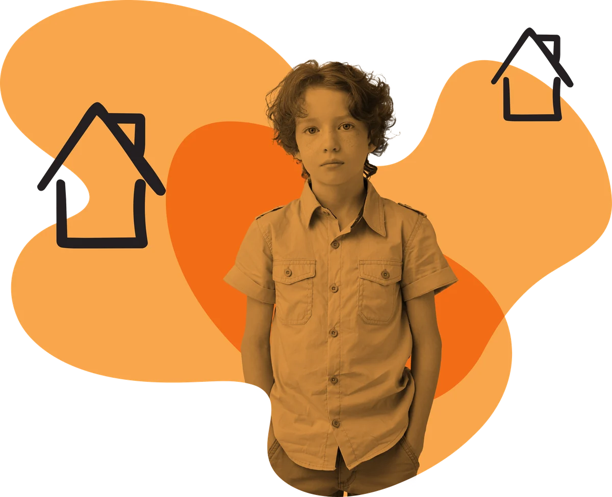 A young person standing in front of two house outlines, representing out-of-home placements