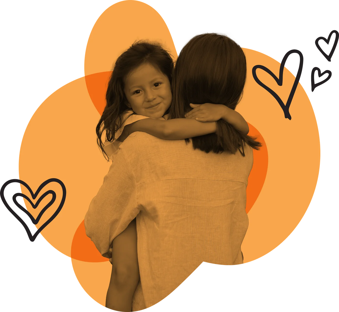 A parent holding and hugging their young daughter, surrounded by hand-drawn hearts